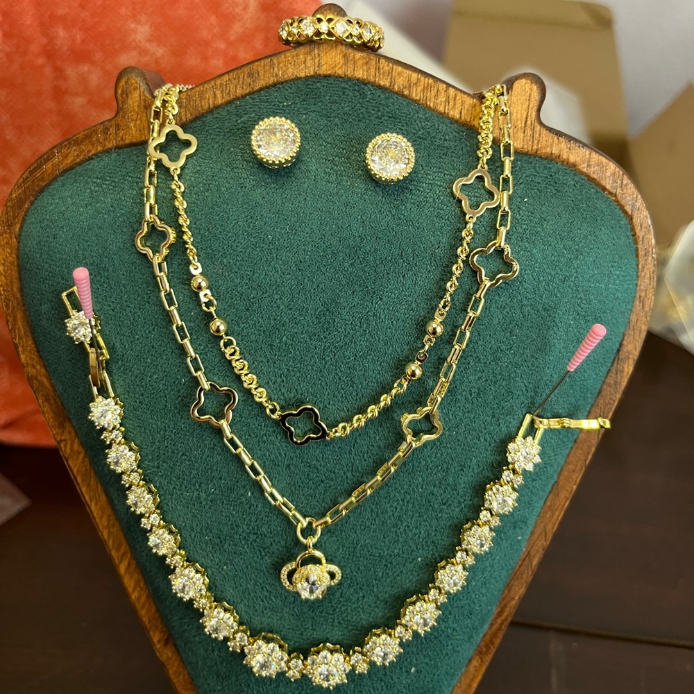 Elegant Gold & CZ Diamond Jewelry Set-Necklaces, Earrings, Bracelet & Ring